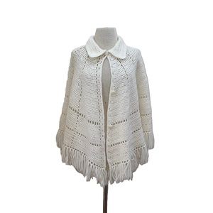 Grandma Chic Hand Knitted Crochet Fringe Cream Poncho Cape One Size